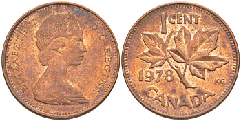 Канада 1 цент 1978 Елизавета II (1952-2022), кленовый лист KM 59.1 бронза 4181-1254