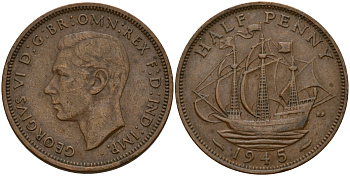 Великобритания 1/2 пенни 1945 Георг VI (1936-1952) KM 844, Spink 4115 бронза 4159-747
