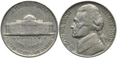 США 5 ЦЕНТОВ 1960 D, ДЖЕФФЕРСОН KM А192 медно-никель 84-535