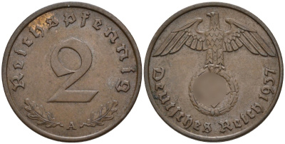 Германия 2 рейхспфеннига 1937 A KM 90, J. 362 бронза 4147-1254