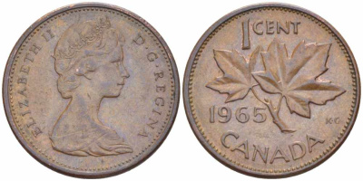 Канада 1 цент 1965 Елизавета II (1952-2022), кленовый лист KM 59.1 бронза 105-534