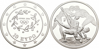 Греция 10 евро 2004 XXVIII летние Олимпийские игры 2004 года в Афинах, борьба KM 203 серебро PROOF 02-035-11