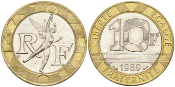Франция 10 франков 1989 тип Гений Бастилии KM 964.1, Le Frank 375.3 биметалл 4519-211