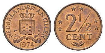 Нидерландские Антильские острова (Нидерландские Антилы) 2 1/2 цента 1974 Юлиана (1948-1980) KM 9 бронза UNC 4588-713