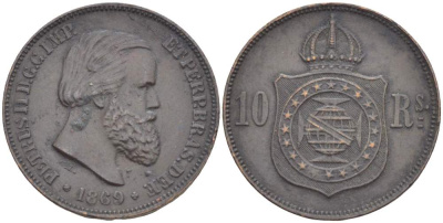 Бразилия 10 реалов (рейсов) 1869 Брюссель, Педро II KM 473 бронза     4529-436