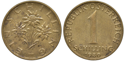 Австрия 1 шиллинг 1980 KM 2886 алюминиевая бронза 51-744