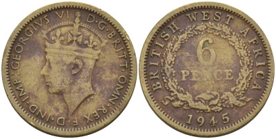 Британская Западная Африка 6 пенсов 1945 Георг VI (1936-1952) KM 22 никель-латунь 4588-711