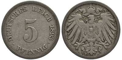 ГЕРМАНИЯ 5 ПФЕННИГОВ 1893 D KM 11, Jager 12, Weege 6 медно-никель 4547-334