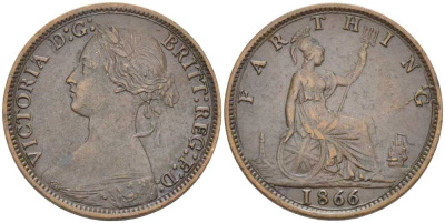 Великобритания 1 фартинг 1866 Виктория (1837-1901) KM 747.2, Spink 3958 бронза 441-1332
