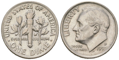 США 10 центов (дайм) 1990 P, президент Рузвельт KM 195a медь плакированная медно-никелем UNC 218-112