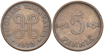 ФИНЛЯНДИЯ 5 ПЕННИ 1973 KM 45 медь 4567-655