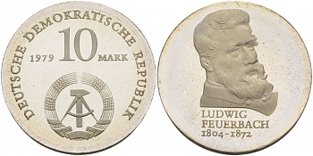 ГДР 10 марок 1979 А, 175 лет со дня рождения Людвига Фейербаха, тираж 4500 экземпляров KM 73 серебро PROOF 00-809-44