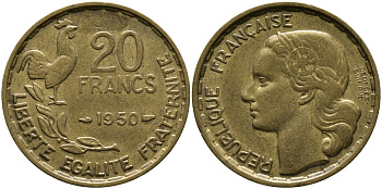 Франция 20 франков 1950 петух, полная подпись, 4 пера KM 916.1, Le Franc 401.3 алюминиевая бронза 4610-613