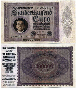 ФРГ 100000 ЕВРО ND СУВЕНИРНАЯ БАНКНОТА, ПОРТРЕТ КАНЦЛЕРА ШРЁДЕРА, ШРЁДЕР НАЗЫВАЕТ ЭТО КАЧЕСТВОМ ЖИЗНИ, ЕСЛИ ТВОИ СБЕРЕЖЕНИЯ УПЛЫВАЮТ бумага UNC (ПРЕСС) 8613-5-1-1
