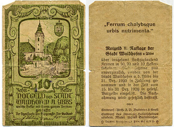 ВАЙДХОФЕН НА ИБСЕ, АВСТРИЯ 10 ГЕЛЛЕРОВ 1920 НОТГЕЛЬД бумага 445-46-1-1