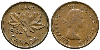 Канада 1 цент 1962 Елизавета II (1952-2022), кленовый лист  KM 49 бронза 46-1336