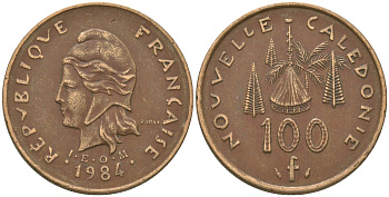 Французская Новая Каледония 100 франков 1984 хижина среди сосен и пальм, (IEOM) KM 15, Schoen 16, Lec 134 никель бронза 88-444