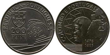 Португалия 200 эскудо 1991 INCM, Христофор Колумб в Португалии KM 658 медно-никель aUNC 118-421