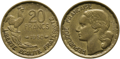 Франция 20 франков 1950 петух, полная подпись, 4 пера KM 916.1, Le Franc 401.3 алюминиевая бронза 4610-613