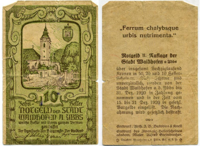 ВАЙДХОФЕН НА ИБСЕ, АВСТРИЯ 10 ГЕЛЛЕРОВ 1920 НОТГЕЛЬД бумага 445-46-1-1