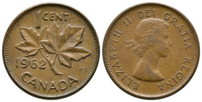 Канада 1 цент 1962 Елизавета II (1952-2022), кленовый лист  KM 49 бронза 46-1336