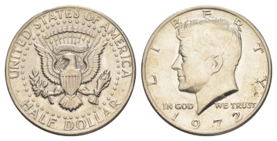 США 1/2 доллара (50 центов) 1972 Джон Кеннеди KM 202b медь плакированная медно-никелем aUNC 4140-342