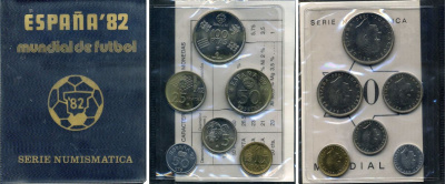 Испания официальный набор из 6 монет (50 сентимов; 1, 5, 25, 50 и 100 песет) 1980 чемпионат мира по футболу в Испании 1982 года KM MS11 (815, 816, 817, 818, 819 и 820) UNC 4-5-4-05
