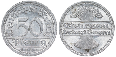 Германия 50 пфеннигов 1921 A KM 27, J. 301 алюминий aUNC 4114-555