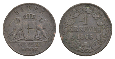 Баден 1 крейцер 1865 Фридрих I (1856-1907) KM 242 медь 4604-857