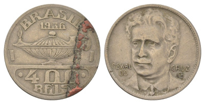 Бразилия 400 реалов 1936 Освалду Крус KM 539 медно-никель 4624-1211