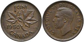 Канада 1 цент 1950 Георг VI (1937-1952), кленовый лист KM 41 бронза 220-761
