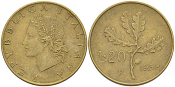ИТАЛИЯ 20 ЛИР 1958 R, ДУБОВЫЙ ЛИСТ KM 97.1 алюминиевая бронза 113-1246