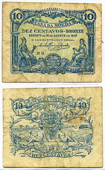 Португалия 10 БРОНЗОВЫХ сентаво 1917 15 августа 1917, ЛИССАБОН, CASA DE MOEDA, БЕЗ ВОДЯНОГО ЗНАКА, серия ER Pick 95с бумага VF 7220-35-3-2