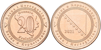 Босния и Герцеговина 20 фенигов 2021 KM 116 сталь плакированная медью UNC 4514-1035