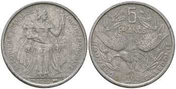 Французская Новая Каледония 5 франков 1952 птица кагу, (IEOM) KM 4, Schoen 4, Lec 71 алюминий 180-136