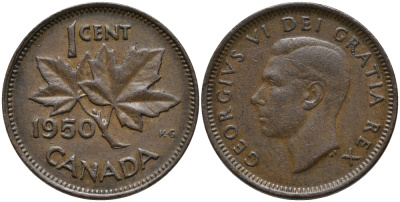 Канада 1 цент 1950 Георг VI (1937-1952), кленовый лист KM 41 бронза 220-761