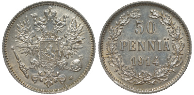 Россия для Финляндии 50 пенни 1914 S, Николай II (1894-1917) КМ 2.2, Биткин 405 серебро 75-942