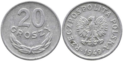 Польша 20 грошей 1949 KM 43а, Parchimowicz 207b алюминий 105-967
