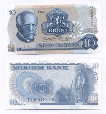 НОРВЕГИЯ 10 КРОН 1984 Pick 36c бумага UNC (ПРЕСС) 7205-26-1