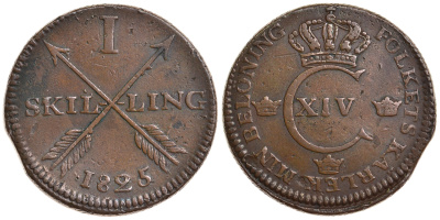 ШВЕЦИЯ 1 СКИЛЛИНГ 1825 KM 597 медь 4179-423