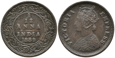 Британская Индия 1/12 анна 1889 Виктория (1837-1901) KM 483 медь 100-444