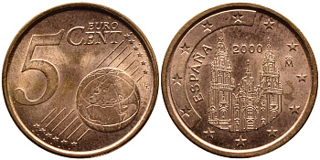 Испания 5 евроцентов 2000 KM 1042 сталь плакированная медью 4391-142