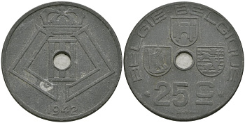 Бельгия 25 сантимов 1942 Belgie-Belgique, Леопольд III (1934-1947) KM 132 цинк 4579-243