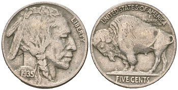 США 5 центов 1935 индеец, бизон KM 134 медно-никель 4614-1154