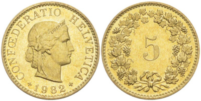 Швейцария 5 раппенов 1982 KM 26с алюминий латунь 105-849