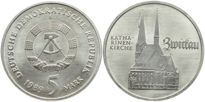 ГДР 5 марок 1989 A, Катариненкирхе в Цвиккау КМ 129 медь цинк никель UNC 4394-236