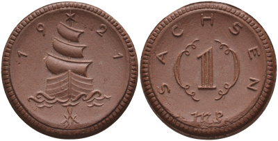 Саксония 1 марка 1921 парусник J. N 55 фарфор 1094-4-72