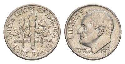 США 1 дайм (10 центов) 1987 P, президент Рузвельт KM 195a медь плакированная медно-никелем 4649-1252