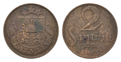 Латвия 2 сантима 1932 KM 2 бронза 4689-934