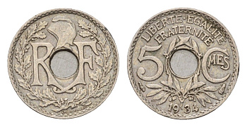 Франция 5 сантимов 1934 KM 875 медно-никель 4651-853